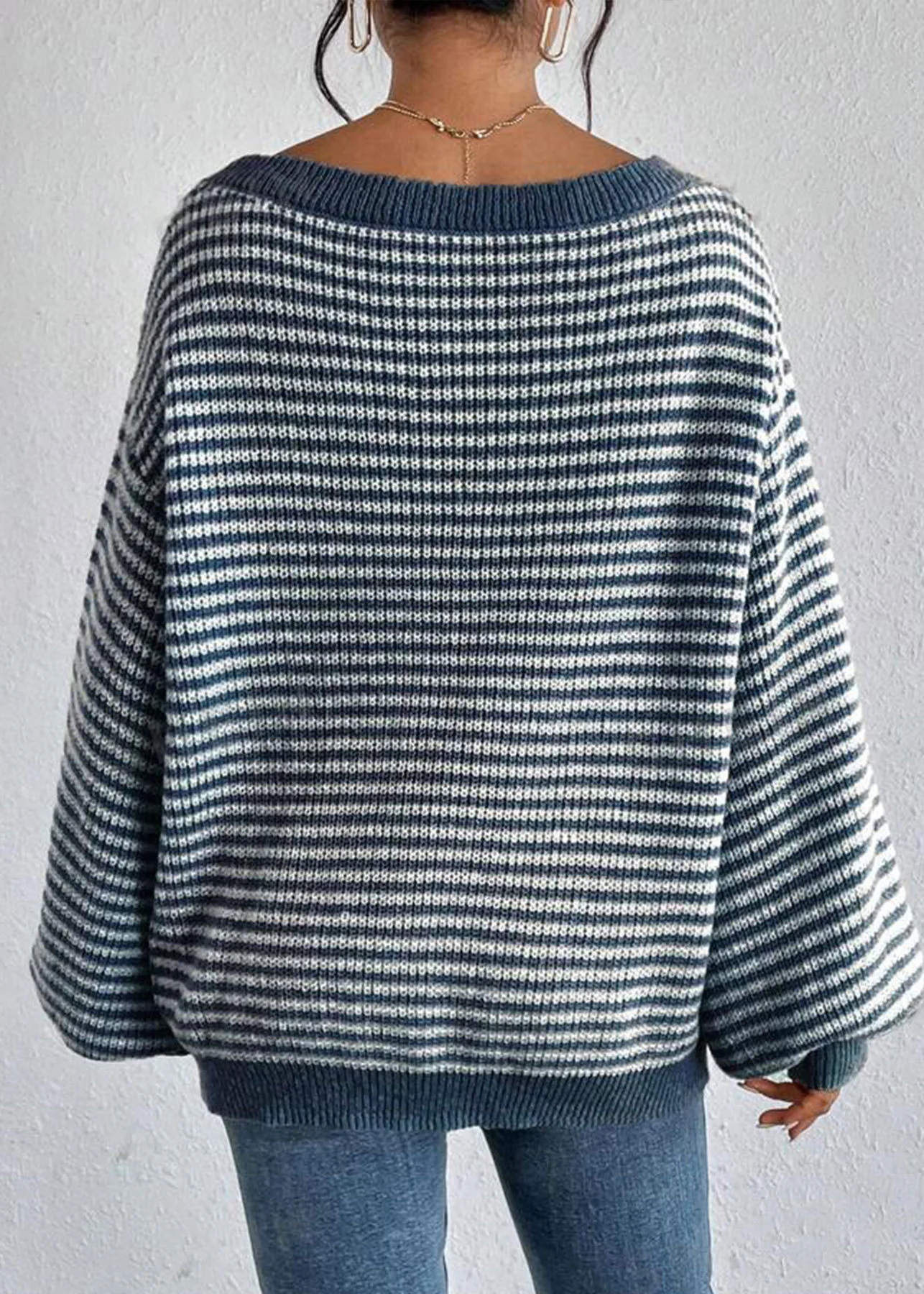 Beautiful Blue Slash Neck Striped Knit Sweater Spring - Image 5