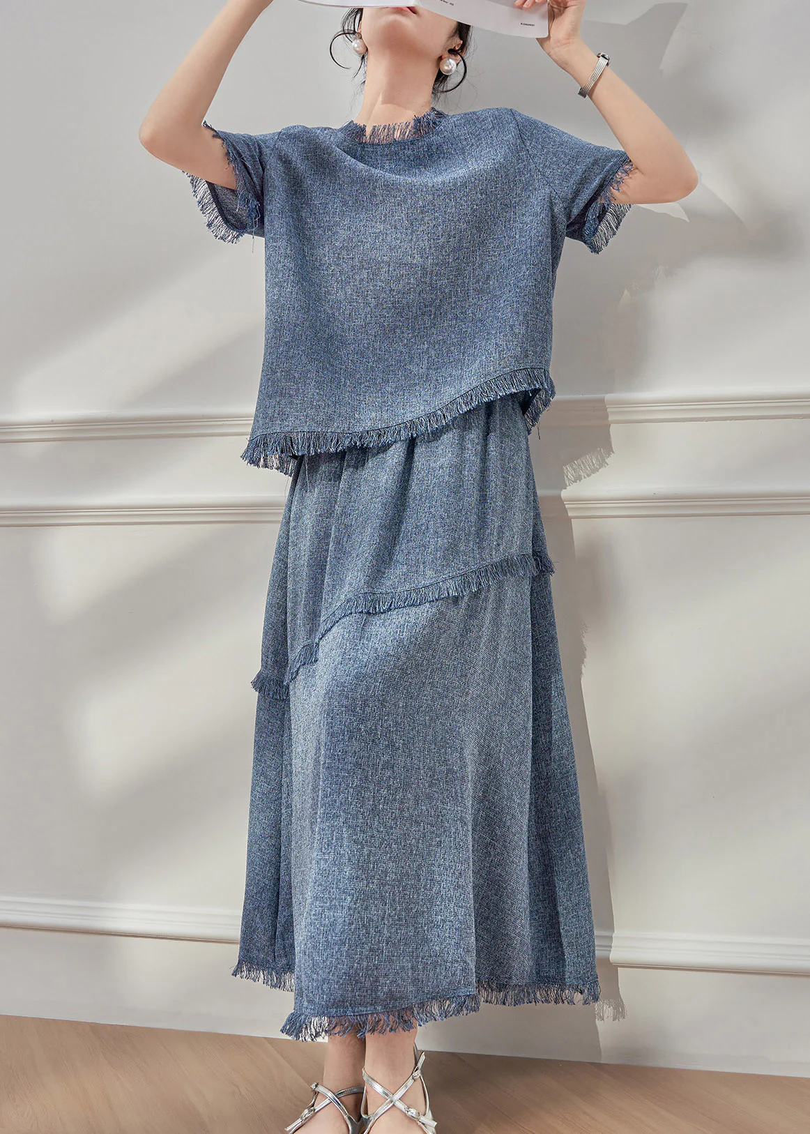 Beautiful Blue Tassel Patchwork T Shirt And Maxi Skirts Two Pieces Set Short Sleeve