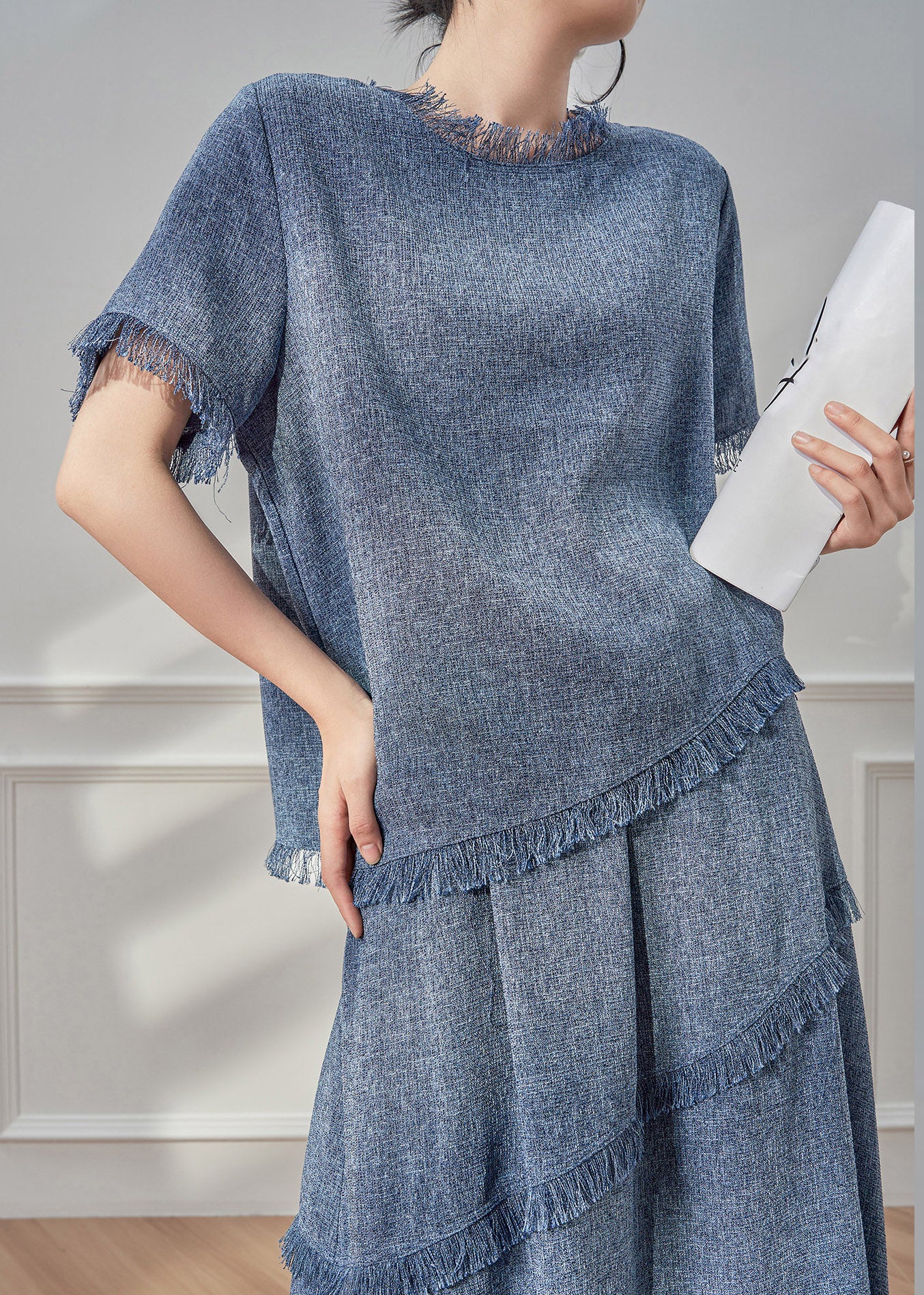 Beautiful Blue Tassel Patchwork T Shirt And Maxi Skirts Two Pieces Set Short Sleeve - Image 3