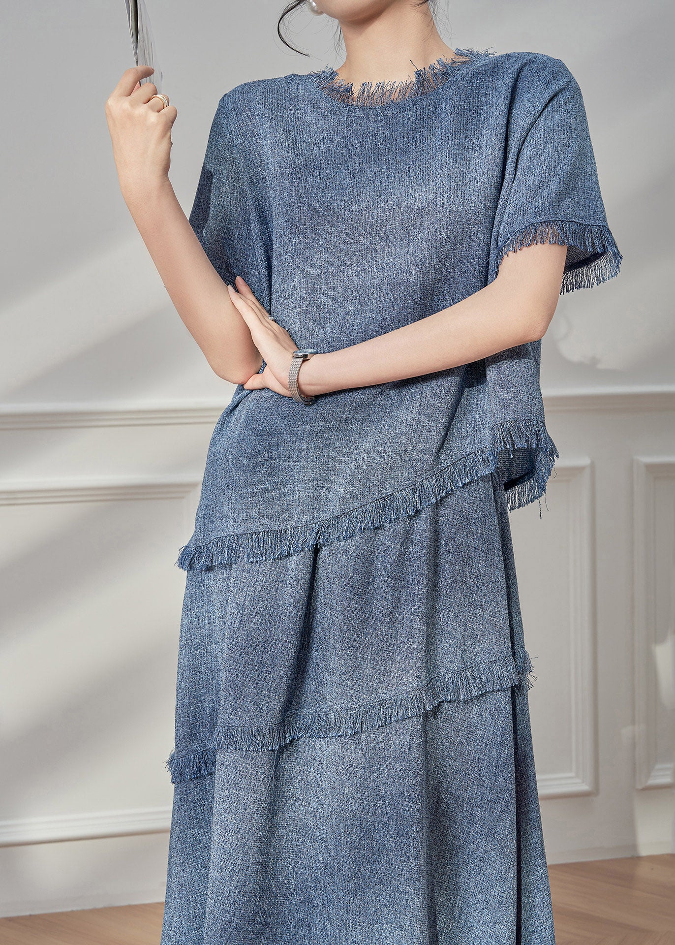Beautiful Blue Tassel Patchwork T Shirt And Maxi Skirts Two Pieces Set Short Sleeve - Image 4