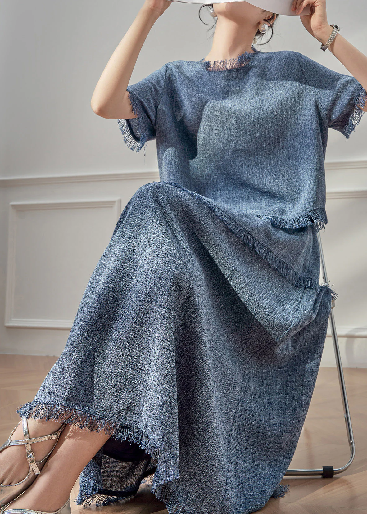 Beautiful Blue Tassel Patchwork T Shirt And Maxi Skirts Two Pieces Set Short Sleeve - Image 5