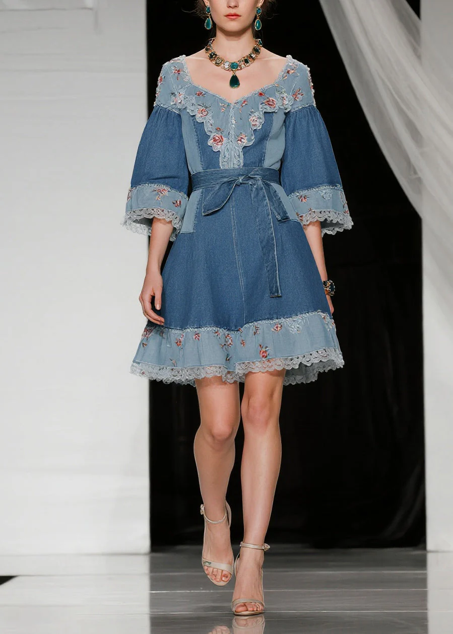 Beautiful Blue Tie Waist Patchwork Lace Denim Day Dress Summer - Image 3