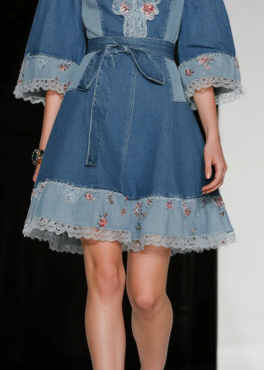 Beautiful Blue Tie Waist Patchwork Lace Denim Day Dress Summer - Image 4