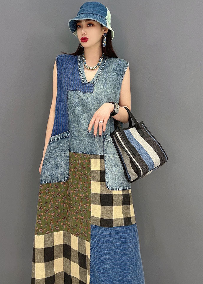 Beautiful Blue V Neck Pockets Patchwork Plaid Cotton Denim Long Dresses Sleeveless - Image 4