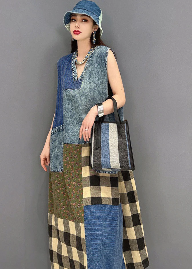 Beautiful Blue V Neck Pockets Patchwork Plaid Cotton Denim Long Dresses Sleeveless - Image 5