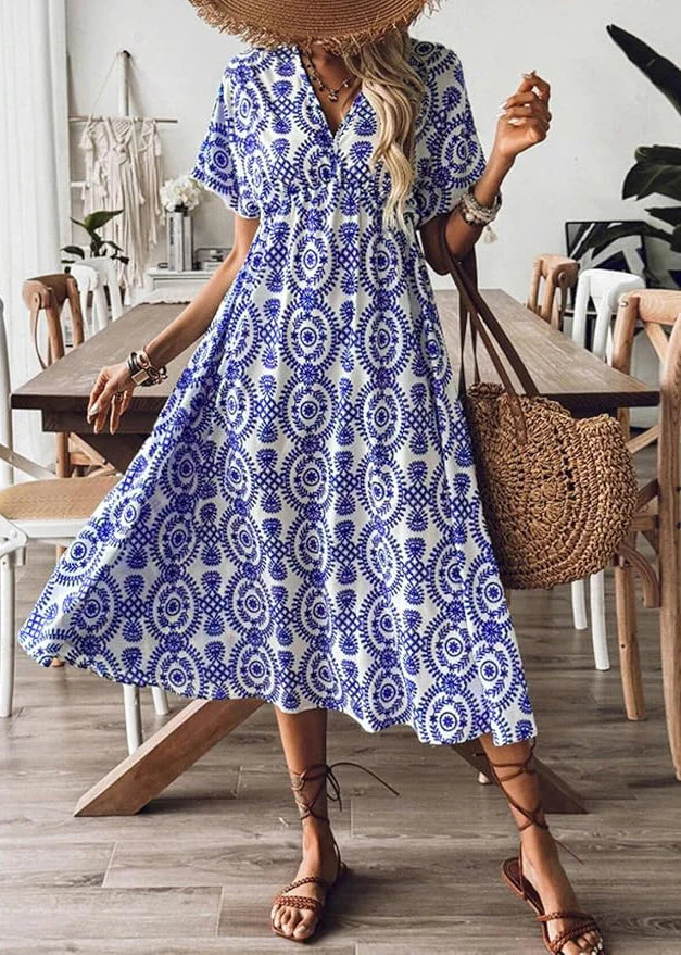 Beautiful Blue V Neck Print Cotton Vacation Dresses Summer - Image 2