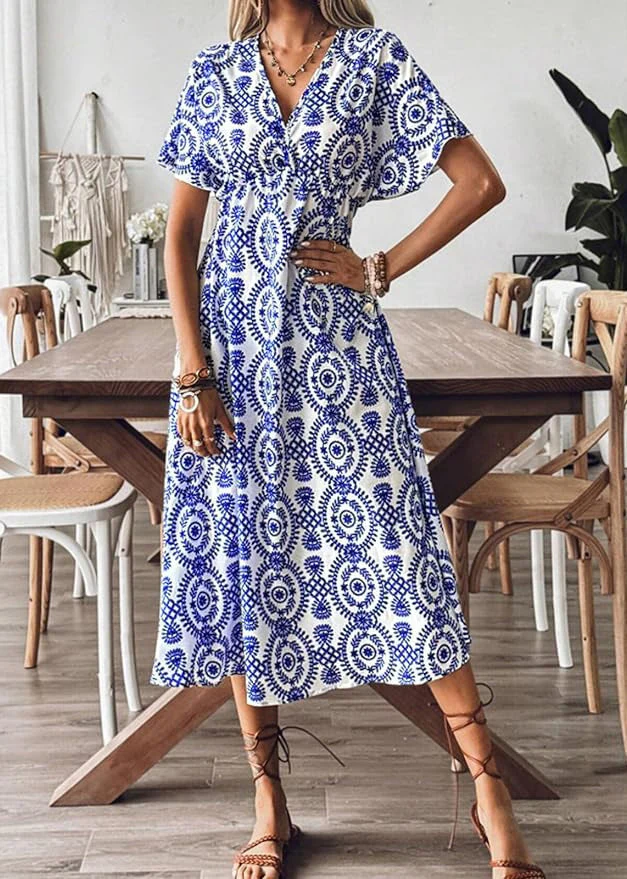 Beautiful Blue V Neck Print Cotton Vacation Dresses Summer - Image 3