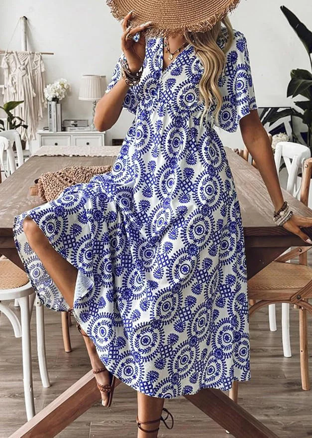 Beautiful Blue V Neck Print Cotton Vacation Dresses Summer - Image 4