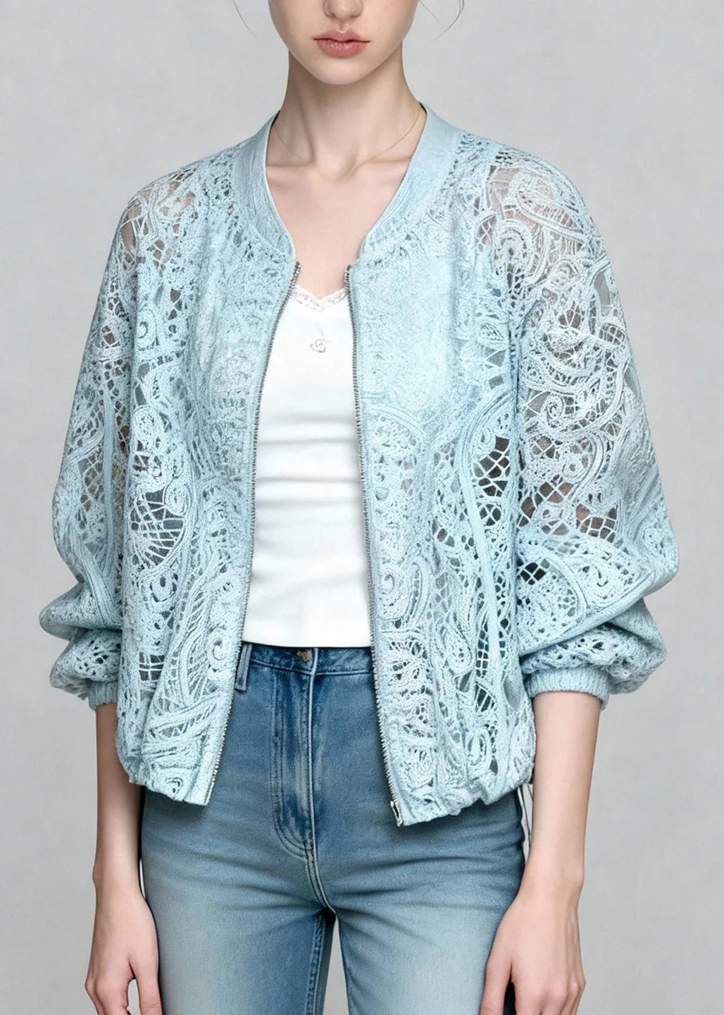 Beautiful Blue Zip Up Hollow Out Lace Coats Summer - Image 2
