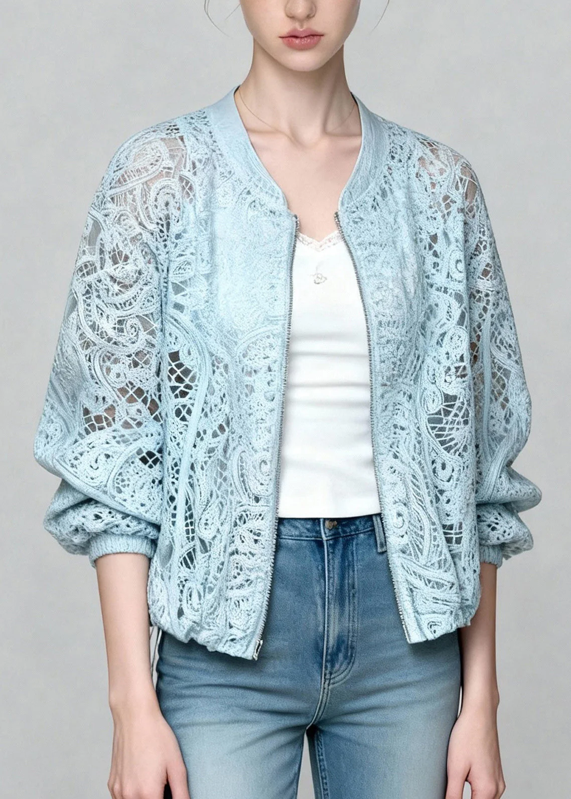 Beautiful Blue Zip Up Hollow Out Lace Coats Summer - Image 3