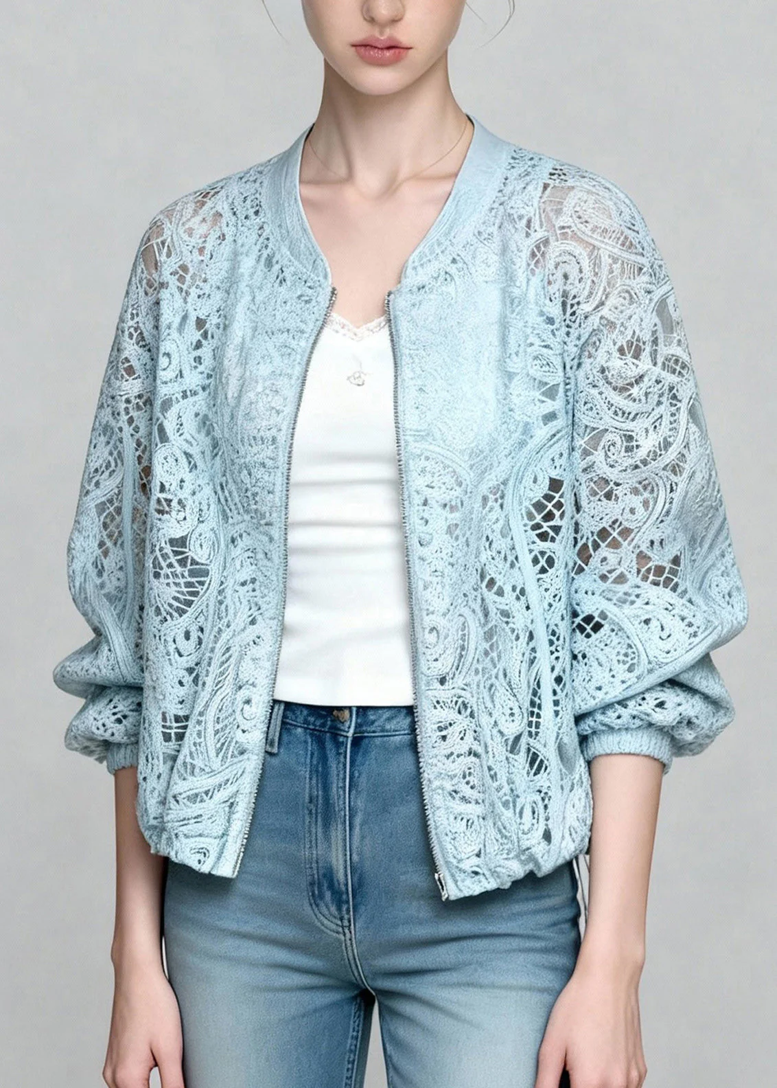 Beautiful Blue Zip Up Hollow Out Lace Coats Summer - Image 4