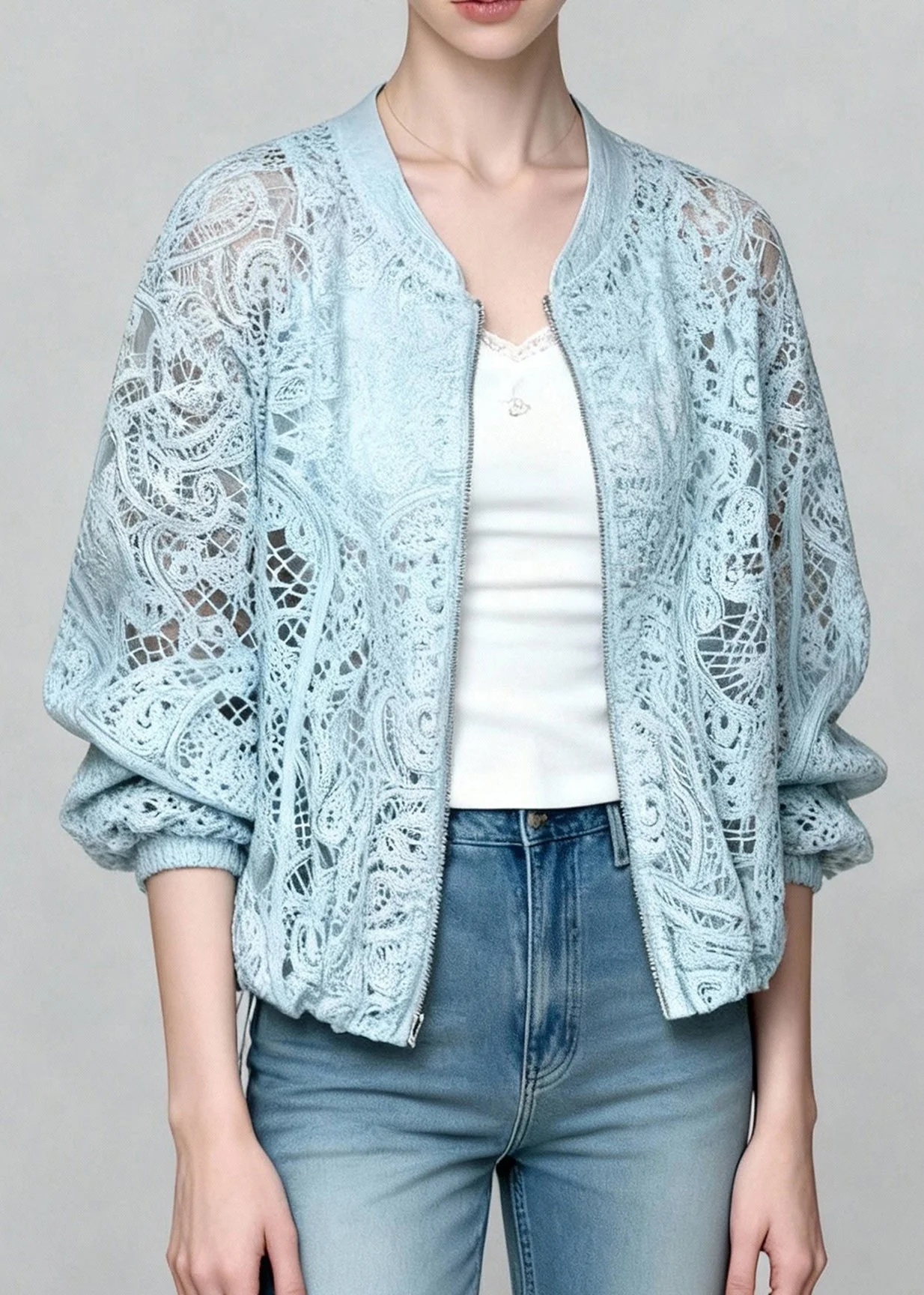 Beautiful Blue Zip Up Hollow Out Lace Coats Summer - Image 5