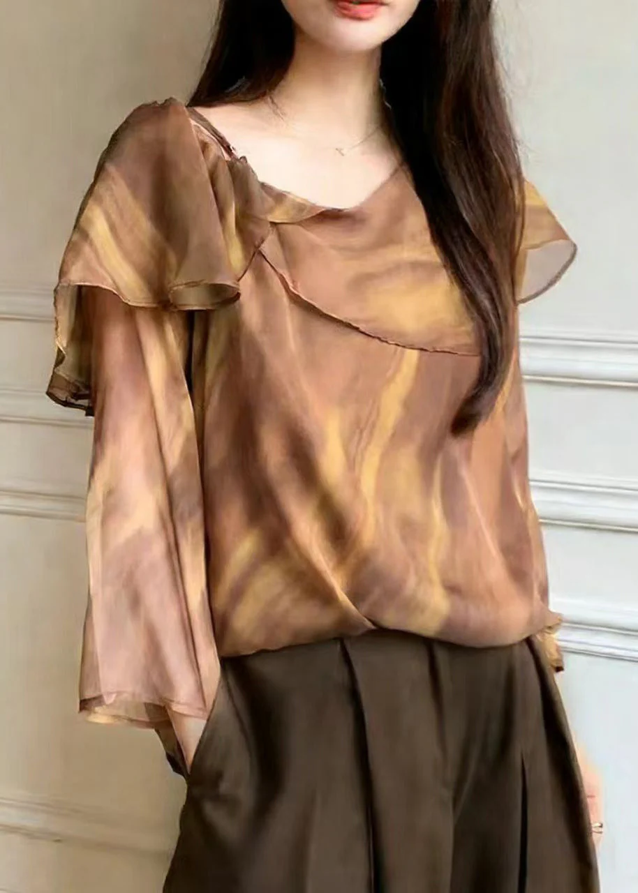 Beautiful Brown One Shoulder Tie Dye Chiffon Blouse Top Spring - Image 2