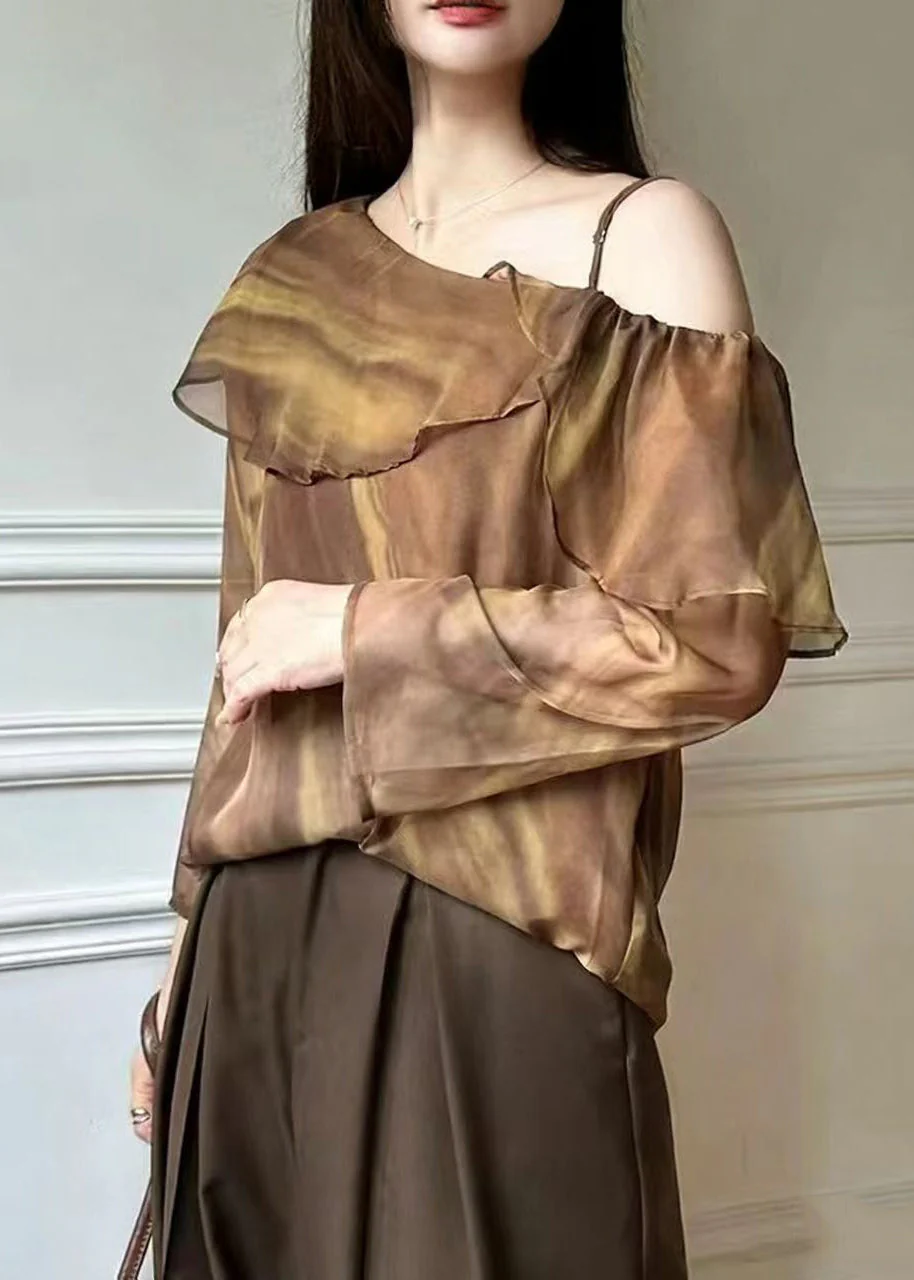 Beautiful Brown One Shoulder Tie Dye Chiffon Blouse Top Spring - Image 3