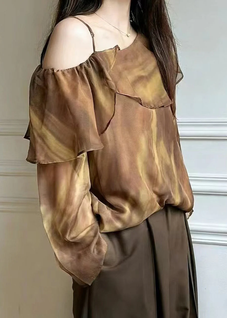 Beautiful Brown One Shoulder Tie Dye Chiffon Blouse Top Spring - Image 4