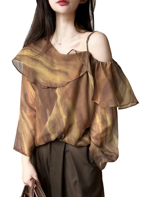 Beautiful Brown One Shoulder Tie Dye Chiffon Blouse Top Spring - Image 5