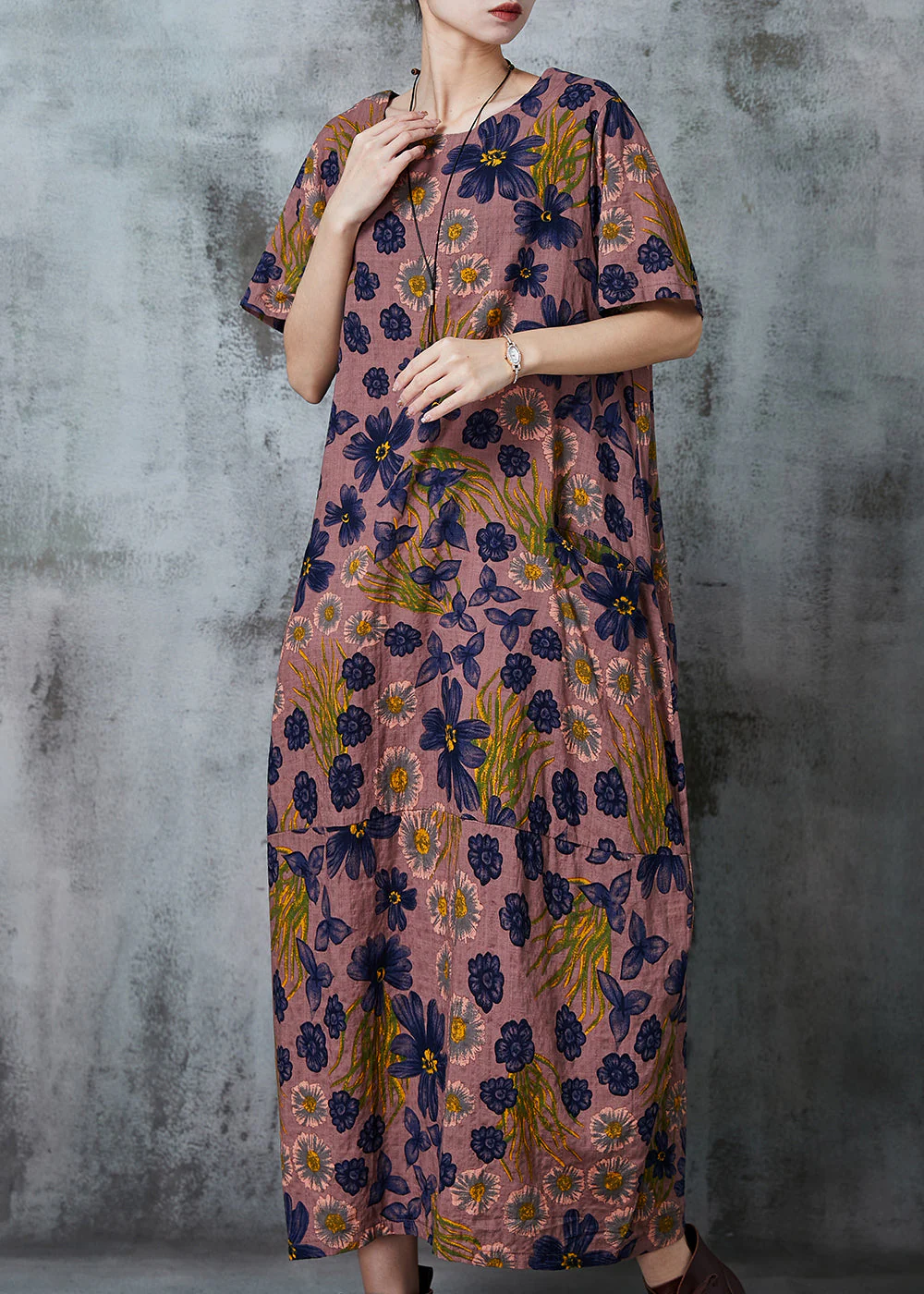 Beautiful Brown Print Pockets Cotton Holiday Dress Summer - Image 2