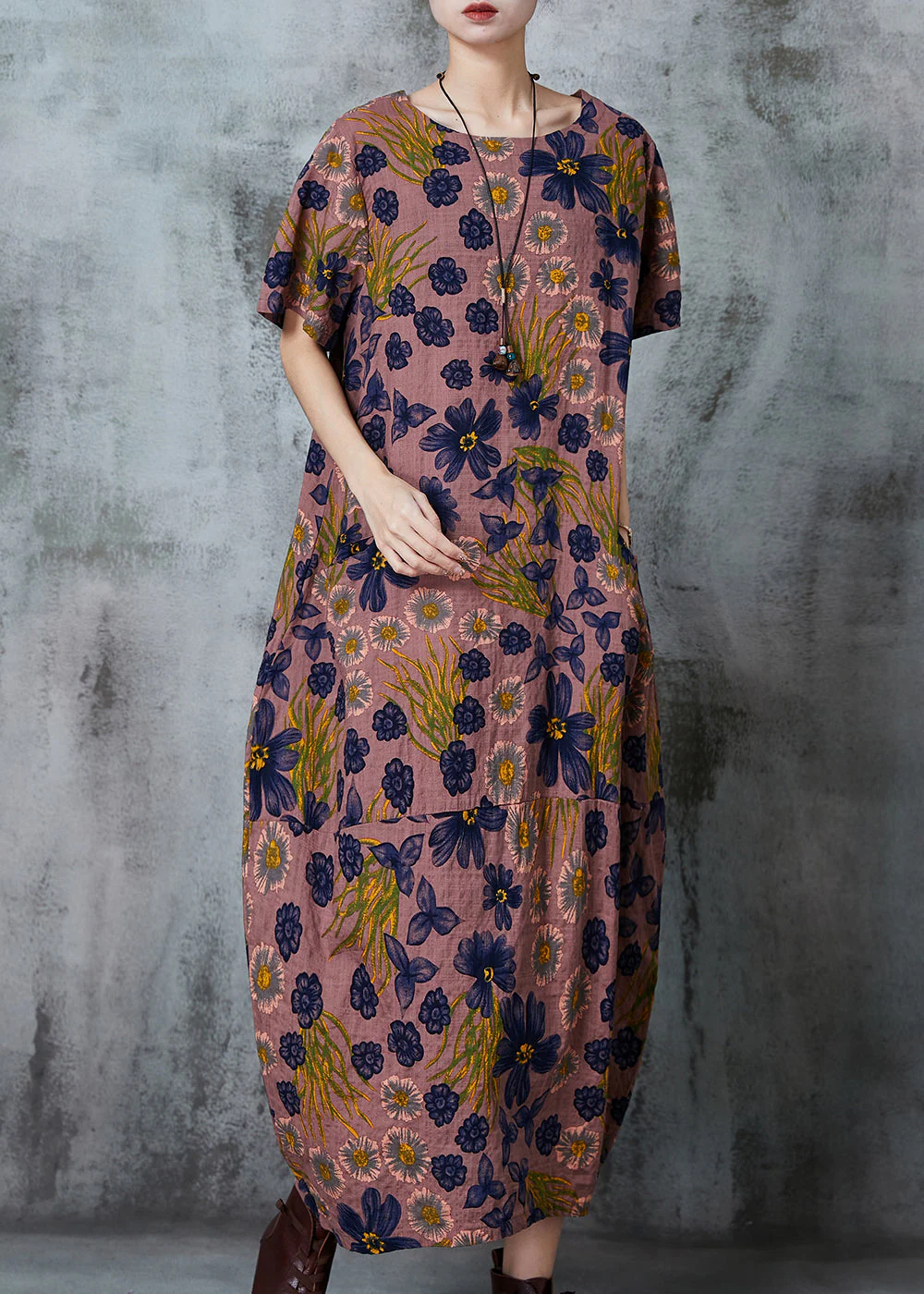 Beautiful Brown Print Pockets Cotton Holiday Dress Summer - Image 3