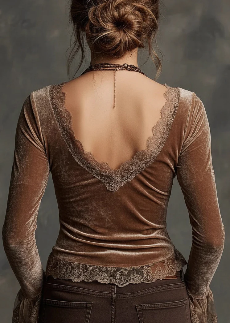 Beautiful Brown V Neck Lace Patchwork Velour Top Spring - Image 2