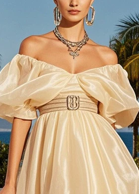 Beautiful Champagne Cold Shoulder Silk Strapless Dress Puff Sleeve - Image 2