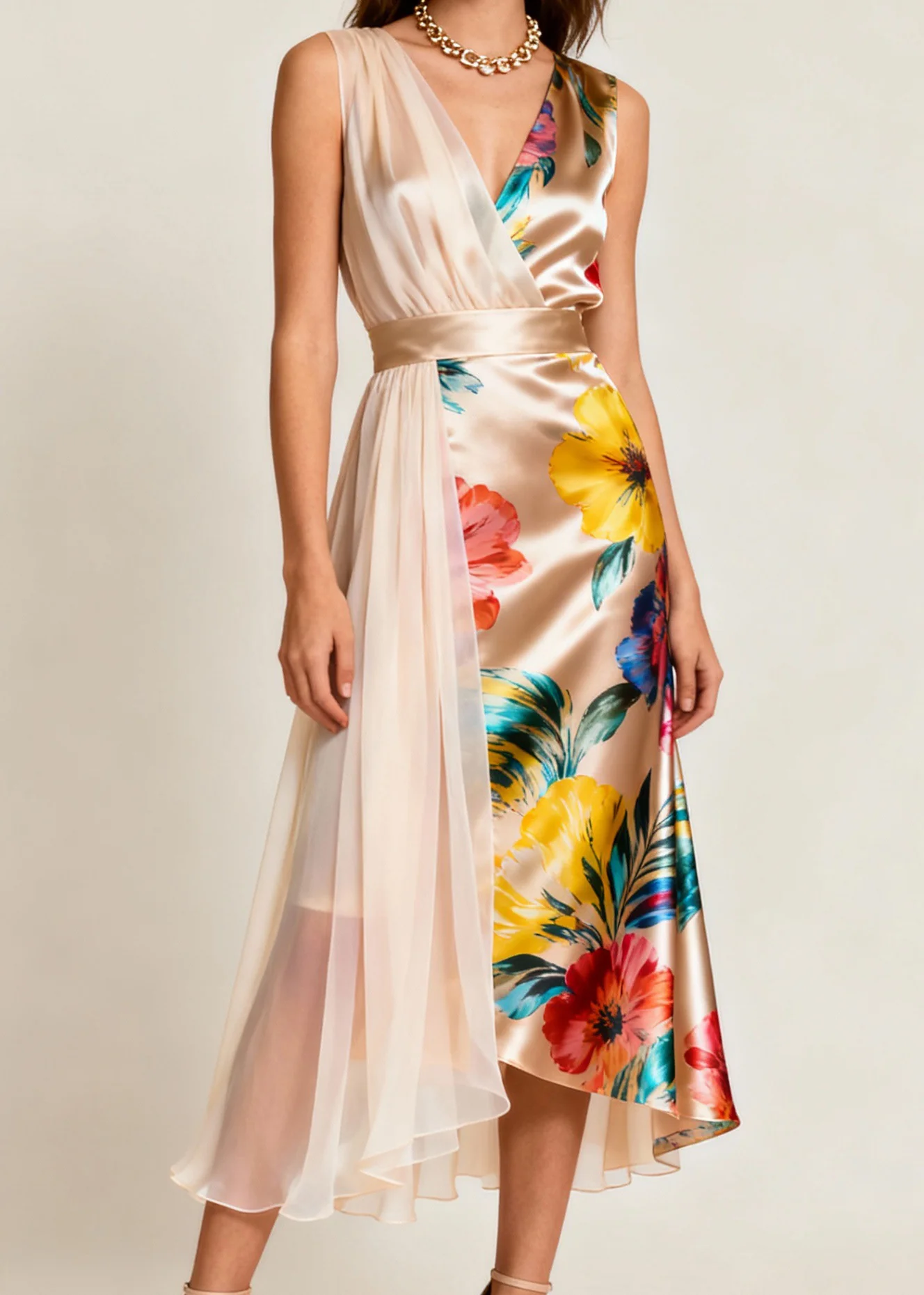 Beautiful Champagne Color Asymmetrical Print Tulle Patchwork Dress Sleeveless - Image 5