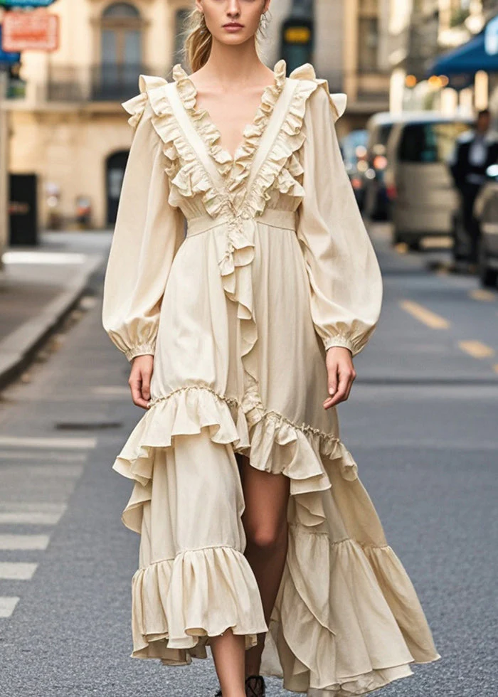 Beautiful Champagne Color Ruffled Side Open Party Dress Spring - Image 3