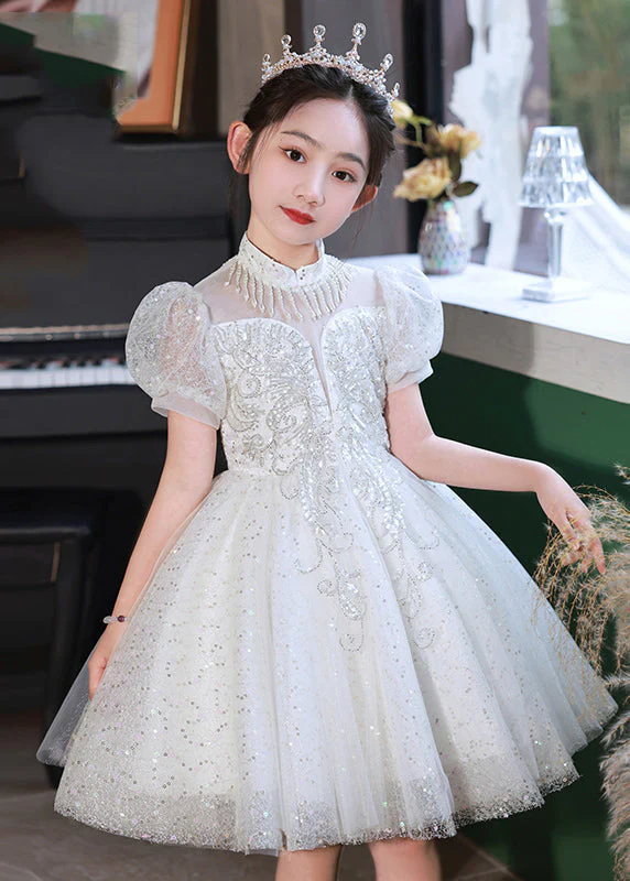Beautiful Champagne Stand Collar Sequins Tulle Kids Mid Dresses Summer - Image 2