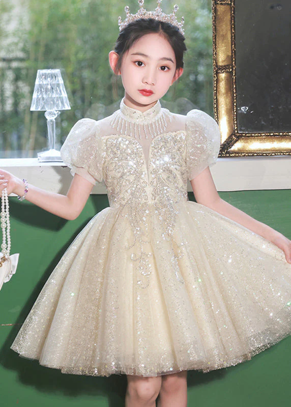 Beautiful Champagne Stand Collar Sequins Tulle Kids Mid Dresses Summer - Image 3