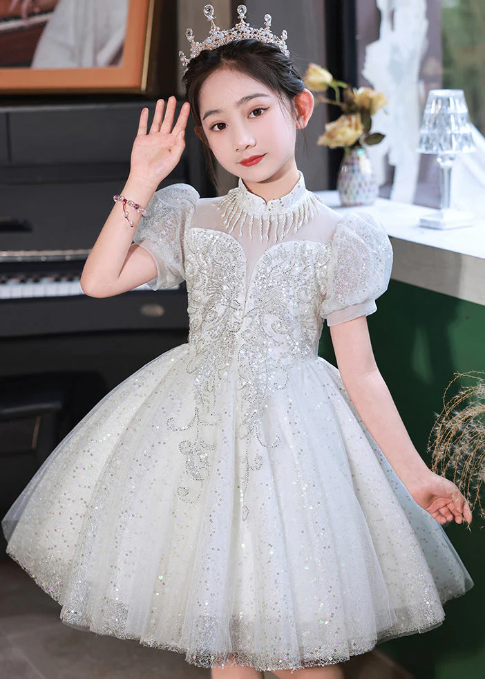 Beautiful Champagne Stand Collar Sequins Tulle Kids Mid Dresses Summer - Image 4
