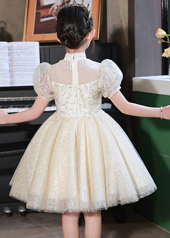 Beautiful Champagne Stand Collar Sequins Tulle Kids Mid Dresses Summer - Image 5