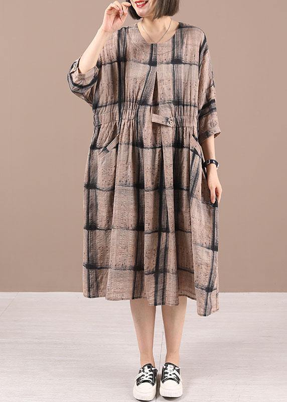 Beautiful Chocolate Plaid Cotton Cinched Summer Holiday Dress