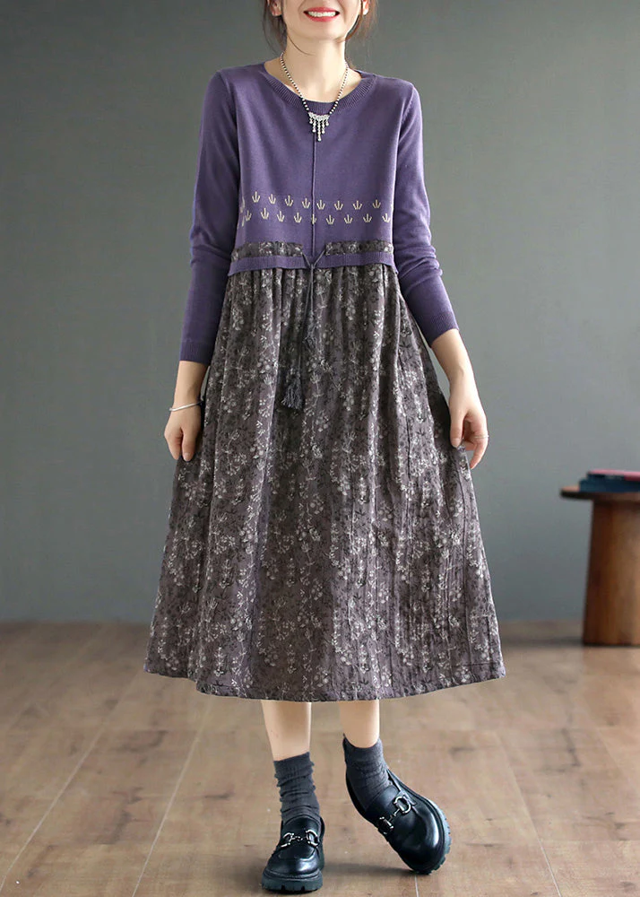 Beautiful Coffee O Neck Print Patchwork Knitting Dress Fall - Image 2