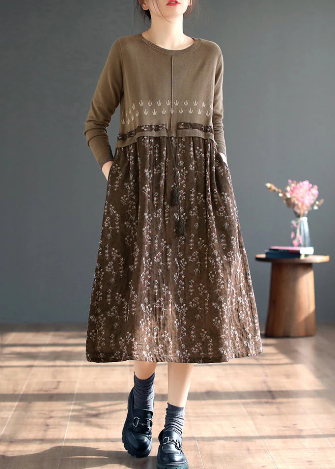 Beautiful Coffee O Neck Print Patchwork Knitting Dress Fall - Image 3