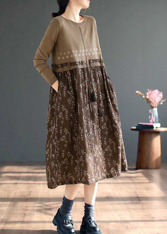 Beautiful Coffee O Neck Print Patchwork Knitting Dress Fall - Image 4
