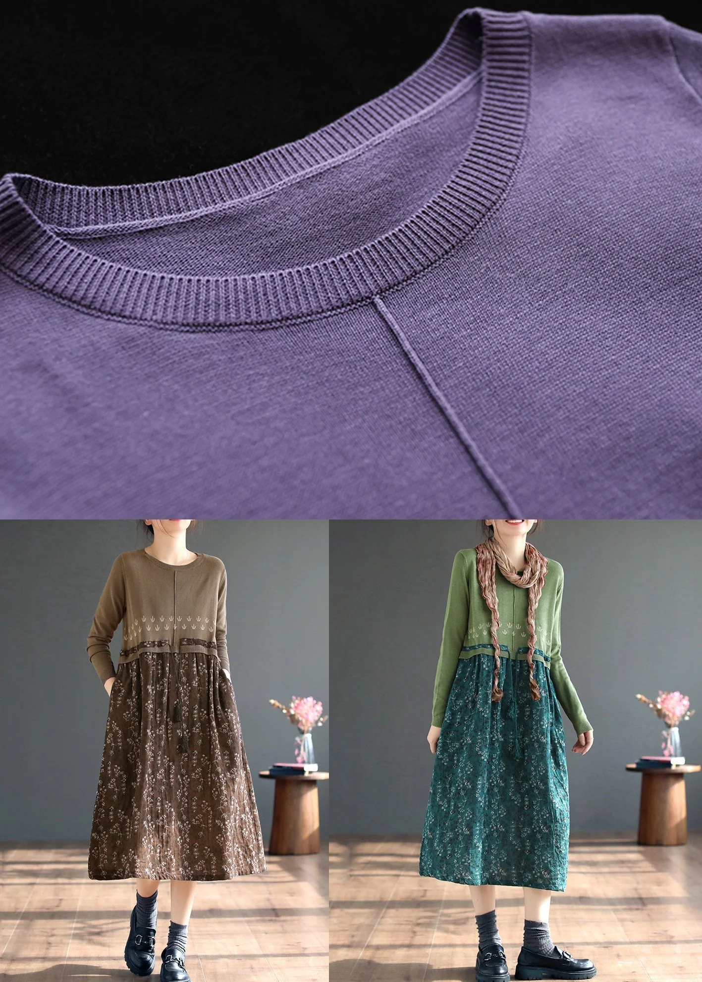 Beautiful Coffee O Neck Print Patchwork Knitting Dress Fall - Image 5