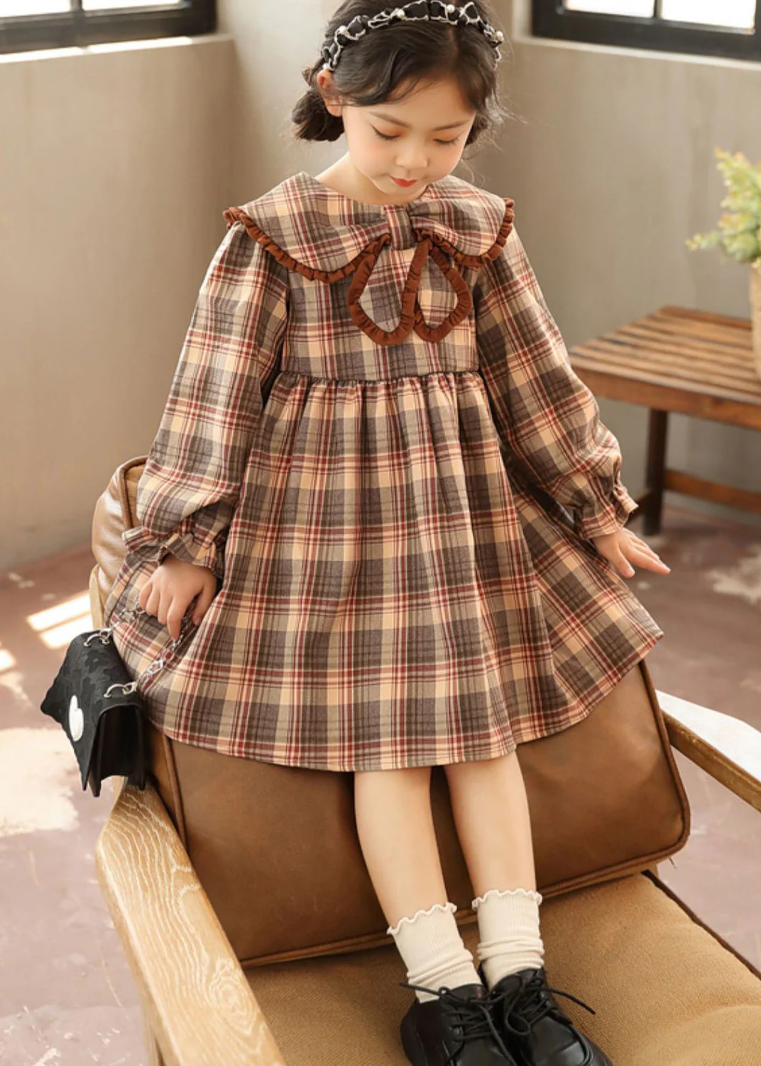 Beautiful Coffee Peter Pan Collar Plaid Patchwork Cotton Kids Girls Dresses Fall - Image 2