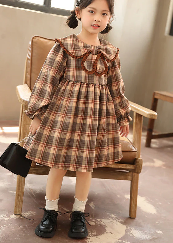 Beautiful Coffee Peter Pan Collar Plaid Patchwork Cotton Kids Girls Dresses Fall - Image 3