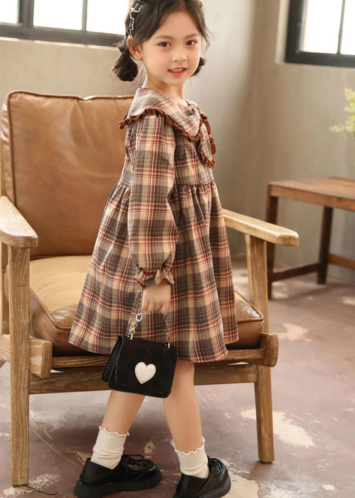 Beautiful Coffee Peter Pan Collar Plaid Patchwork Cotton Kids Girls Dresses Fall - Image 4