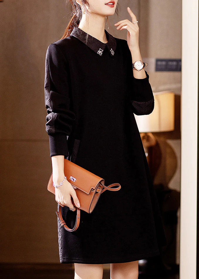 Beautiful Coffee Peter Pan Collar Pockets Cotton Mid Dress Fall - Image 4