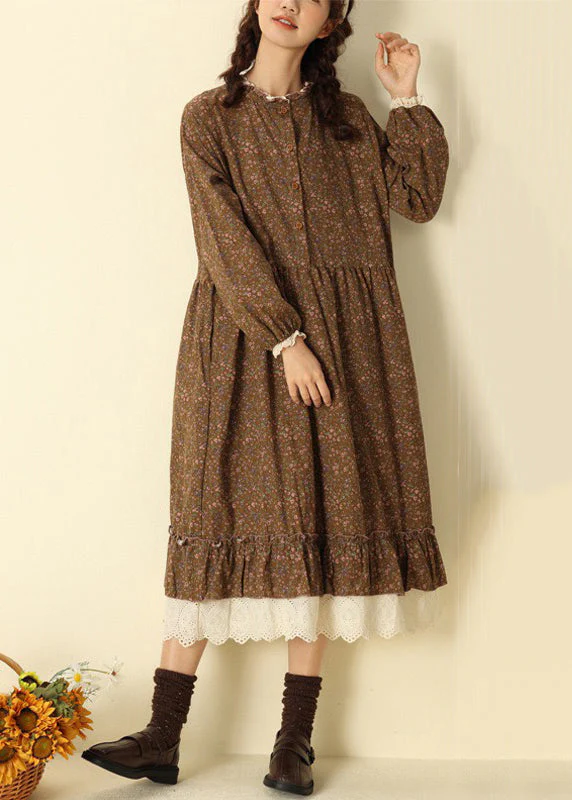Beautiful Coffee Ruffled Print Cotton Long Dresses Spring - Image 3