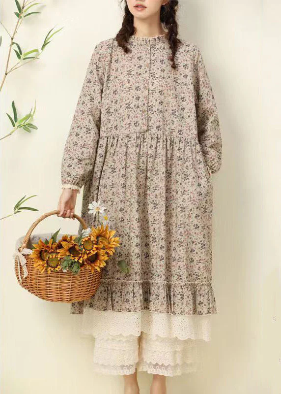 Beautiful Coffee Ruffled Print Pockets Patchwork Cotton Long Dresses Fall - Image 2