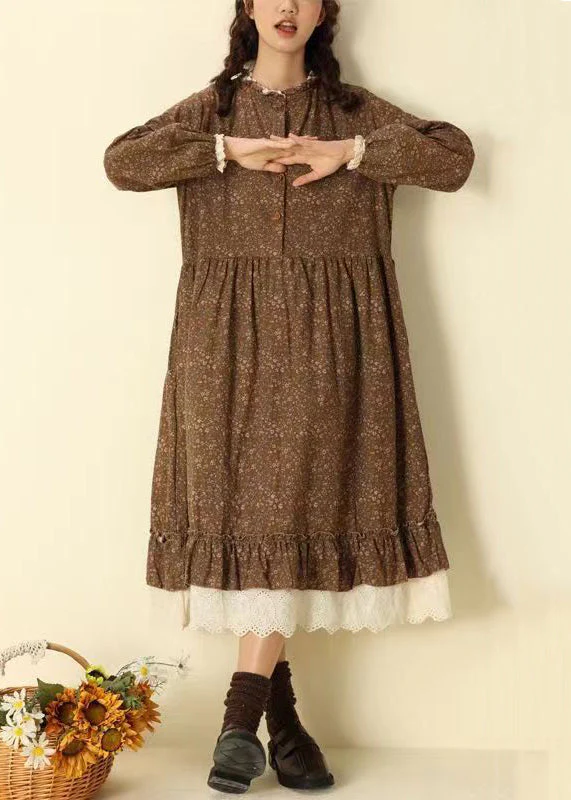Beautiful Coffee Ruffled Print Pockets Patchwork Cotton Long Dresses Fall - Image 3