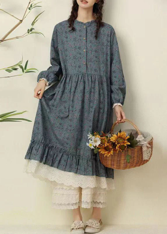 Beautiful Coffee Ruffled Print Pockets Patchwork Cotton Long Dresses Fall - Image 4