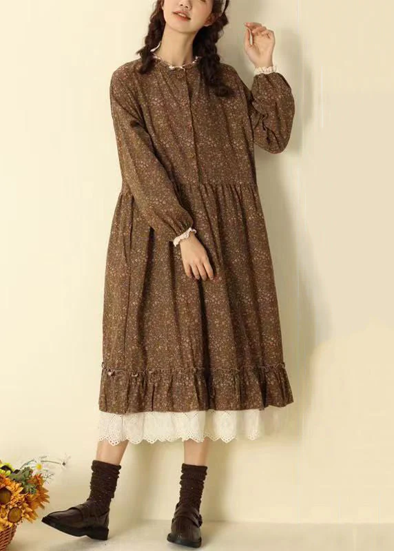 Beautiful Coffee Ruffled Print Pockets Patchwork Cotton Long Dresses Fall - Image 5