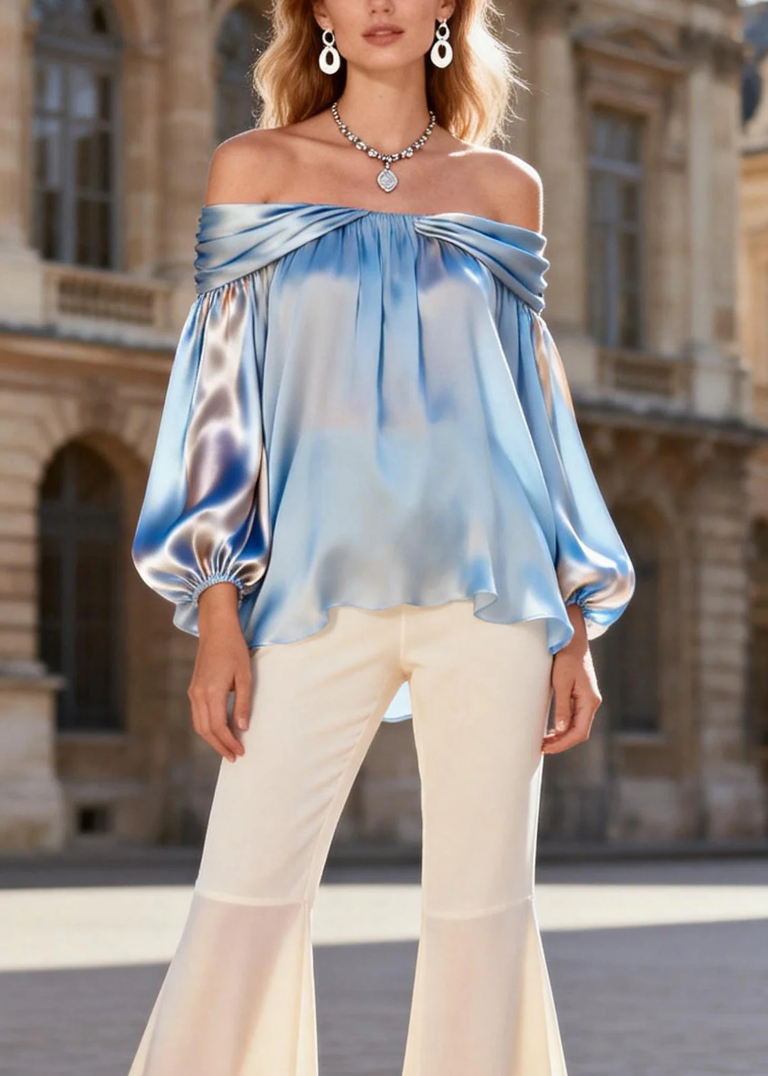 Beautiful Cold Shoulder Patchwork Silk Women Sets 2 Pieces Spring - Image 2