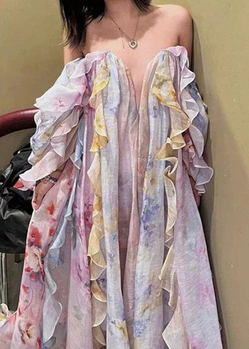 Beautiful Cold Shoulder Ruffled Print Chiffon Long Dresses - Image 3