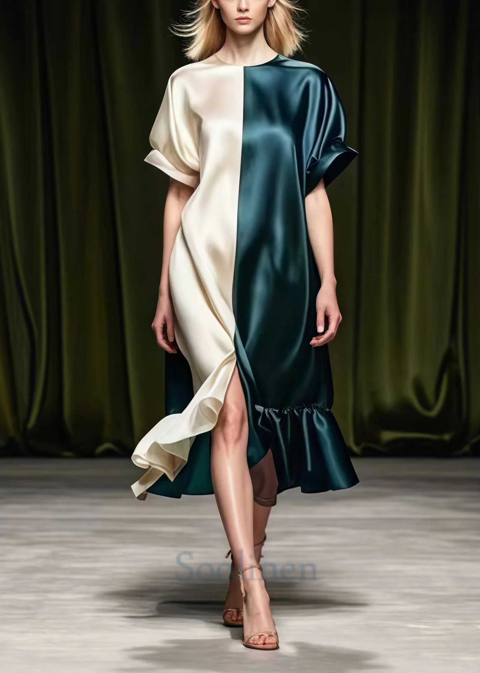 Beautiful Colorblock Asymmetrical Patchwork Side Open Silk Vacation Dresses Summer - Image 2
