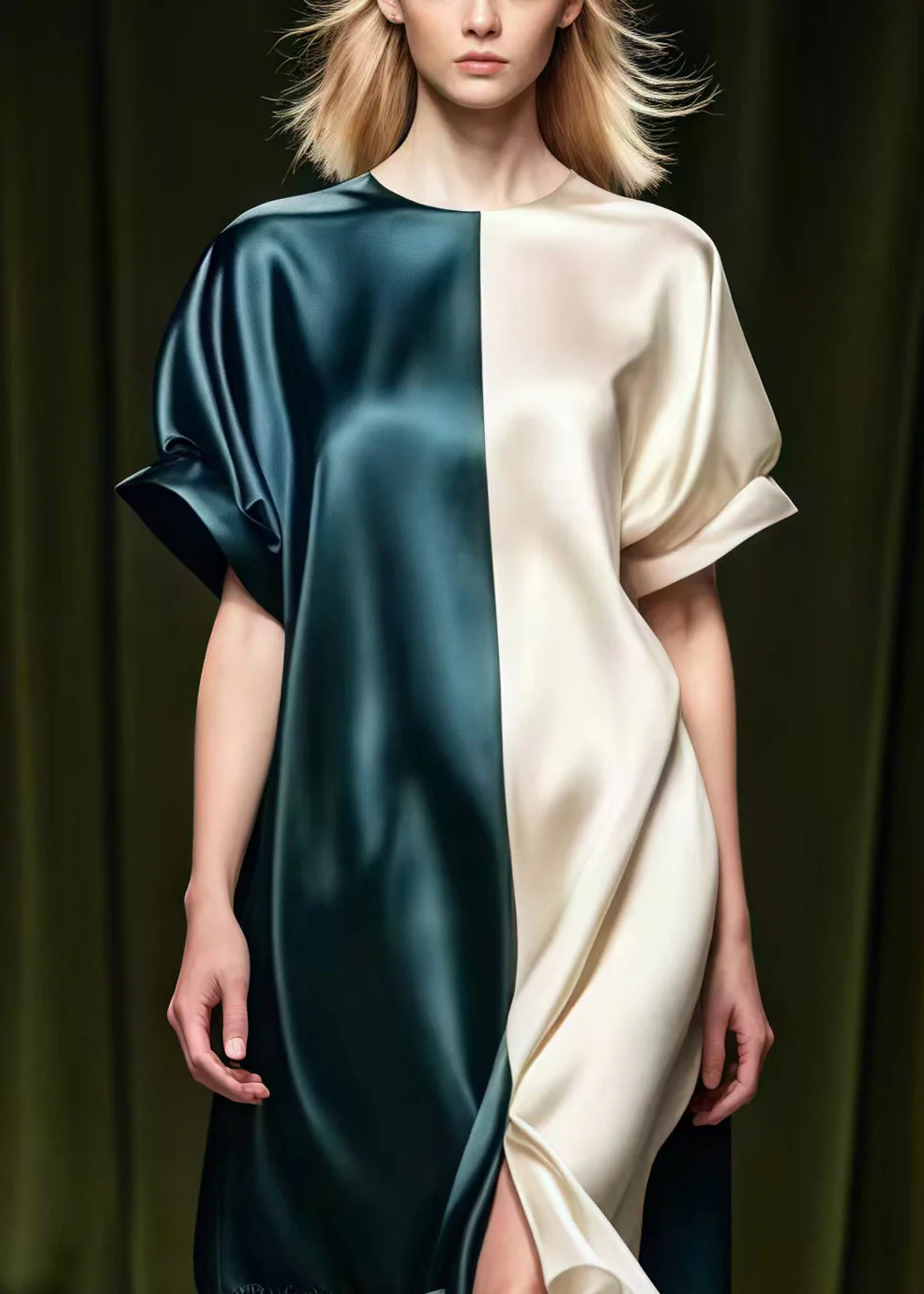 Beautiful Colorblock Asymmetrical Patchwork Side Open Silk Vacation Dresses Summer - Image 3