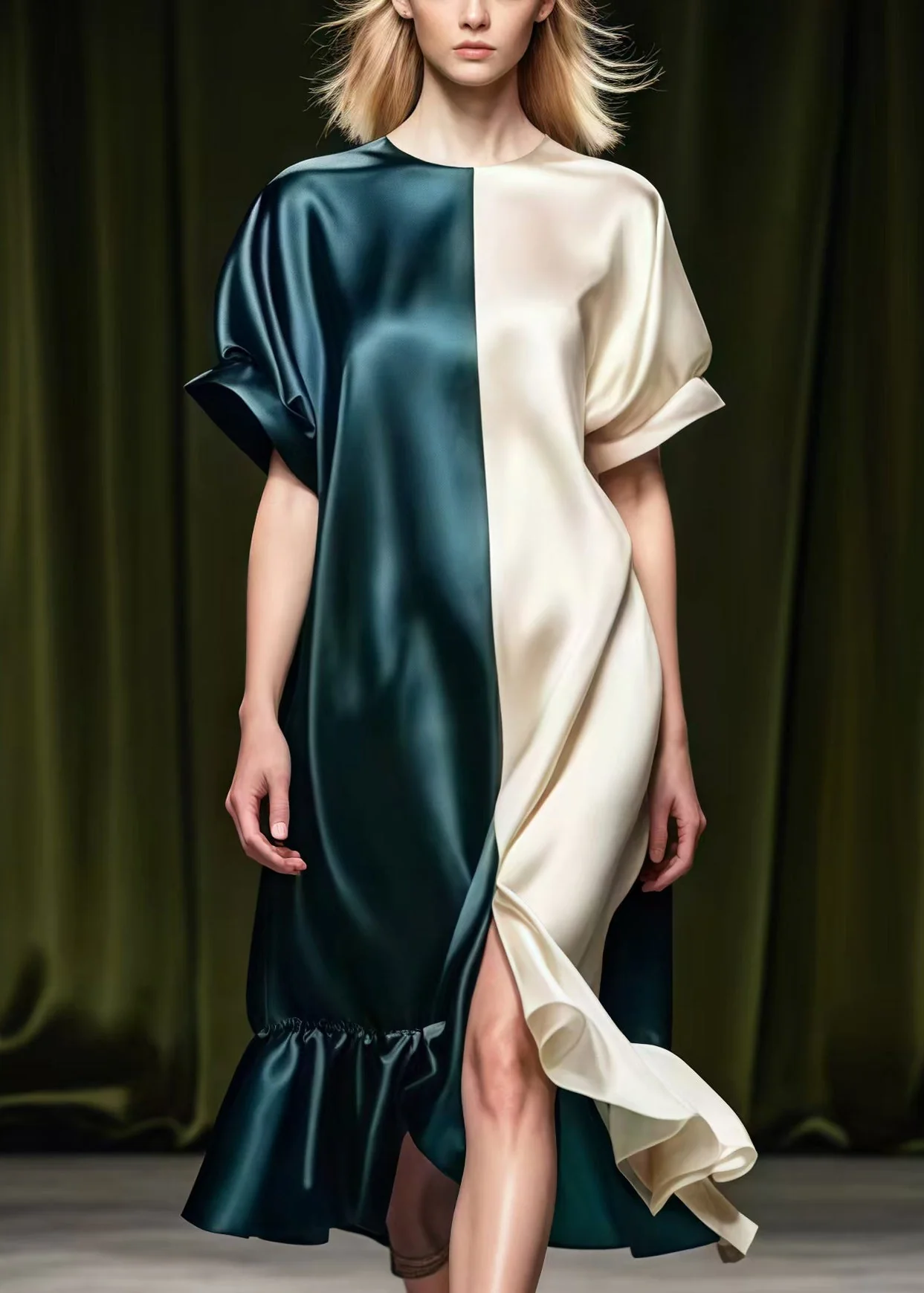 Beautiful Colorblock Asymmetrical Patchwork Side Open Silk Vacation Dresses Summer - Image 4
