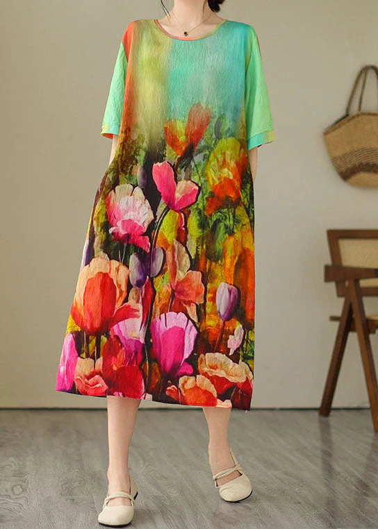 Beautiful Colorblock O Neck Print Patchwork Cotton Dress Summer - Image 2